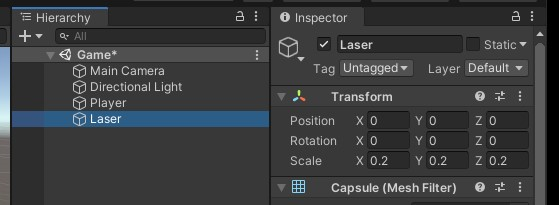 Laser game object created for use as Prefab object